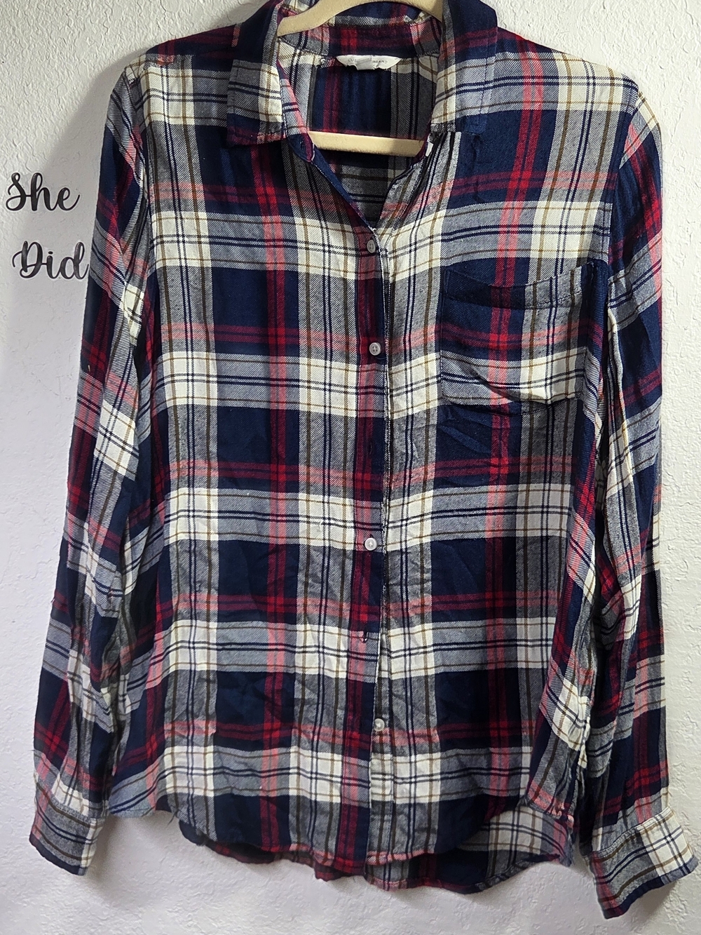 LUCKY BRAND Navy Blue & Red Plaid Button Down Flannel Shirt Size L